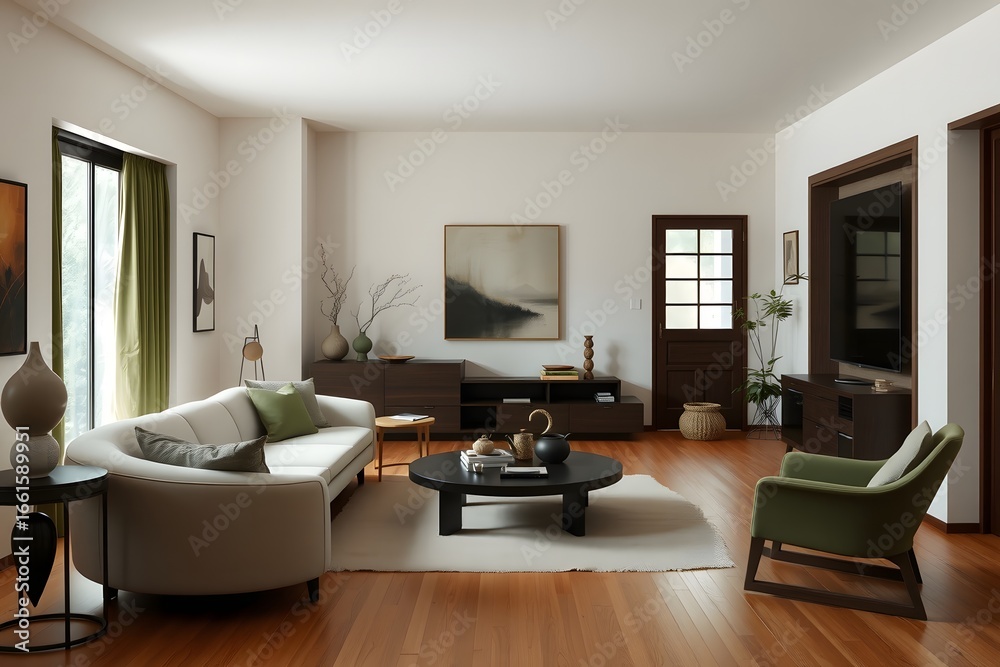 Fototapeta premium Bright living room with white sofa and dark wood furniture