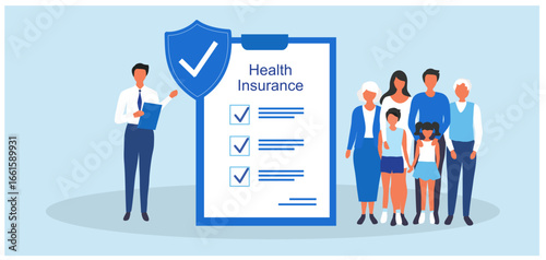 Insurance agent present insurance policy for family to protect from life and health accident. Health and life insurance policy, healthcare concept