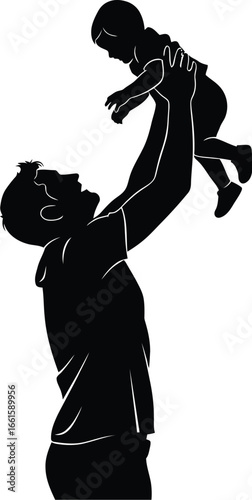 Dad joyfully lifts his baby in air, creating silhouette of loving bond