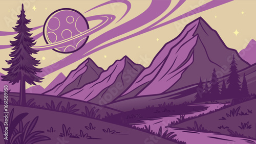 A whimsical landscape with purple mountains, a river, trees, and a ringed planet in the sky