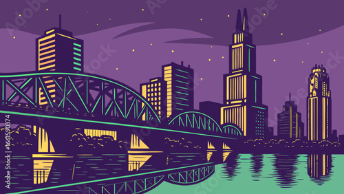 Stylized cityscape at night with a bridge over water reflecting the buildings and starry sky above it
