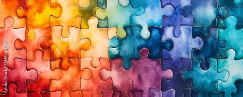 Interlocking puzzle pieces with a watercolor texture, symbolizing connection, diversity, and unity in a colorful abstract design, Generative AI