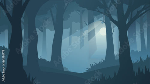 Mysterious foggy forest morning nature landscape vector illustration eps scalable art