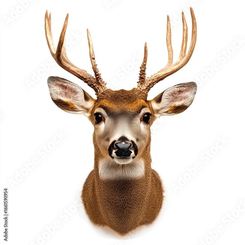 Close-up of a mounted deer head against white background