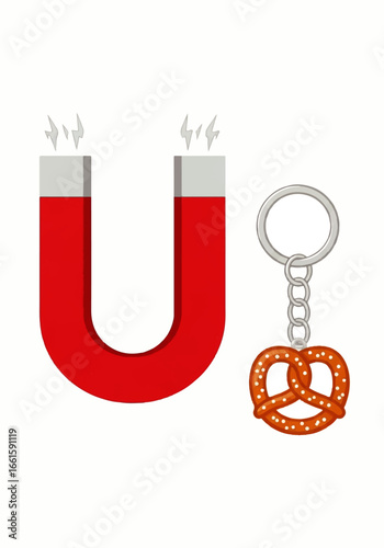 Red U-shaped horseshoe magnet with magnetic field lines and a salted pretzel keychain.