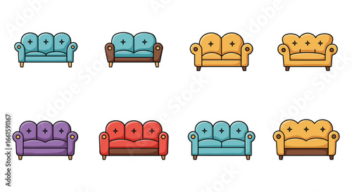 Collection of colorful sofas in different styles and upholstery