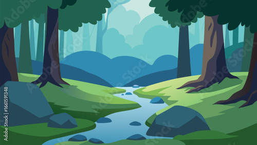 Peaceful forest glade with meandering stream serene nature landscape vector illustration