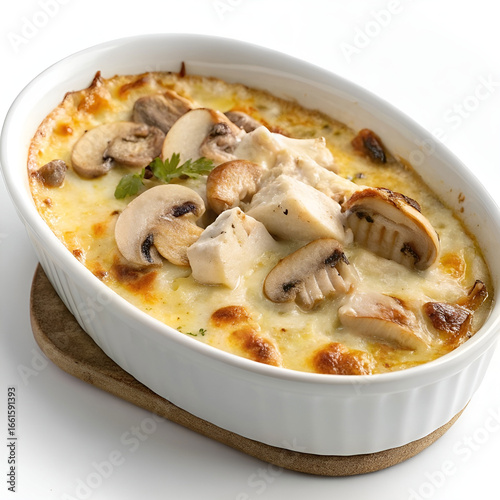 Baked julienne with mushrooms and chicken in cream.