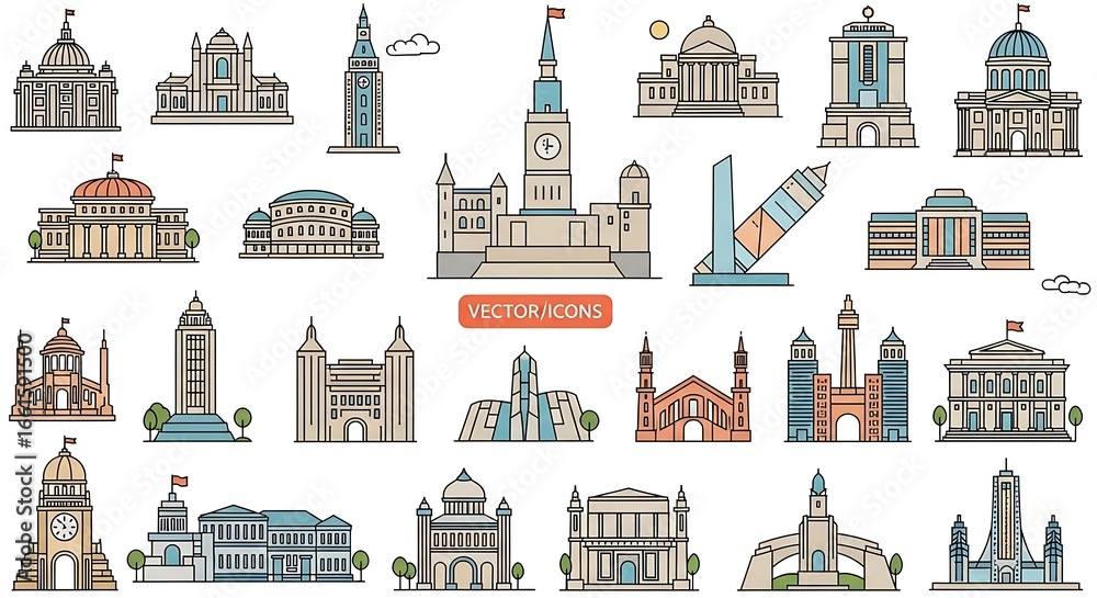 Naklejka premium Colorful Vector Icons of Various Buildings and Architectural Structures.