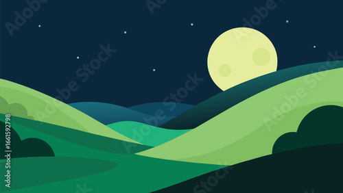 Peaceful moonlit night over green rolling hills valley illustration calm serene nature scenic landscape