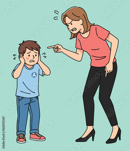 Angry Woman Scolding Frightened Child Covering Ears – Parenting, Discipline, Emotional Conflict, and Family Stress Vector Illustration for Education Use