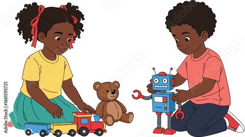 Colorful vector illustration of children playing with toys including train, teddy bear, and robot in a fun indoor playtime scene