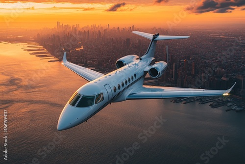 Wallpaper Mural private white luxury jet flying at sunset over a big city, offering a glimpse of high-end travel and luxury, Generative AI Torontodigital.ca