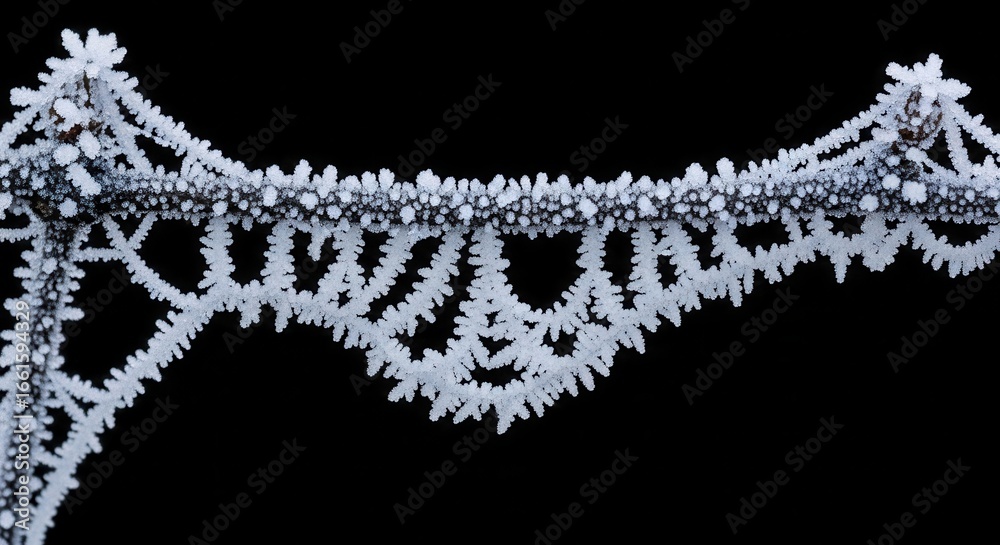 Obraz premium Photo of intricate frost crystals form a delicate, lacelike pattern on a spiderweb, creating a beautiful natural design against a stark black background