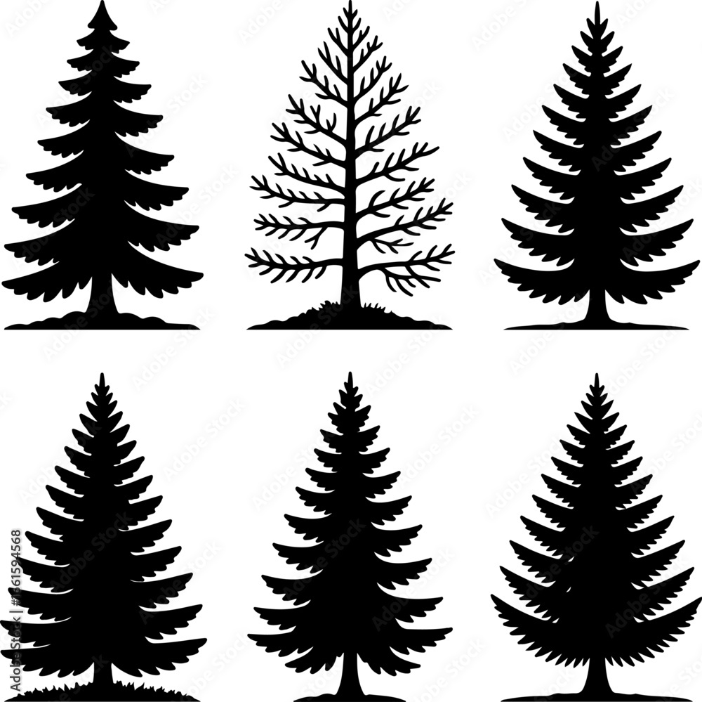 Obraz premium black silhouette illustrations of evergreen coniferous trees, such as pines and firs