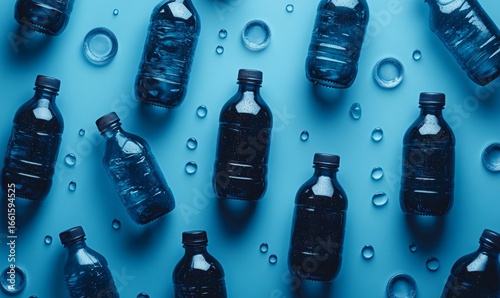 Various plastic bottles scattered against a blue background, highlighting the theme of recycling and plastic pollution. This image emphasizes environmental awareness and sustainability, Generative AI