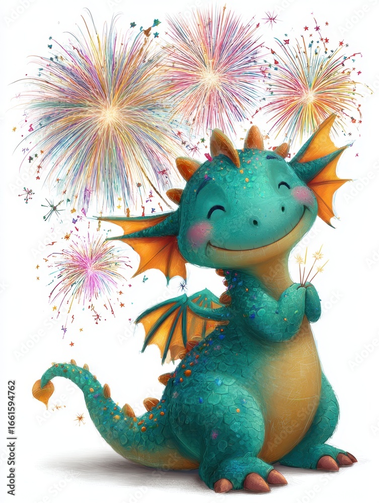 Fototapeta premium Cartoon baby dragon lighting fireworks 