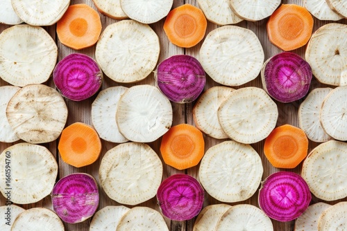 A variety of sliced root vegetables is displayed on a wooden surface, showcasing bright colors and unique shapes. The arrangement includes purple, orange, and white slices.