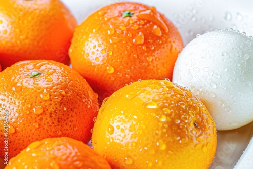 A collection of fresh oranges and one pear is displayed in a bowl, showcasing their vibrant colors and shiny surface covered with water droplets. The arrangement suggests freshness and health.