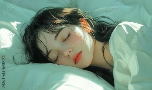 woman peacefully sleeping in bed, her head resting on a soft pillow. The serene image exudes calmness, comfort, and relaxation, Generative AI
