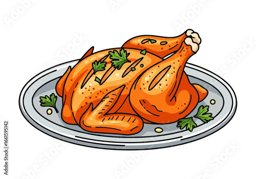 A delicious cartoon-style roasted chicken with golden-brown skin and parsley garnish, served on a platter.