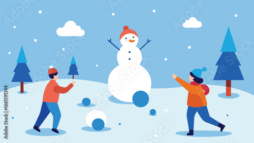 Joyful kids playful snowball fight winter wonderland scene vector illustration