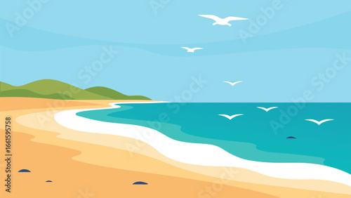 Serene coastal landscape vector illustration calm beach gentle waves seabirds flying in clear sky