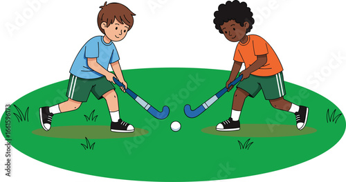 Vector illustration of two kids playing field hockey on grass with blue sticks, promoting outdoor sports, teamwork, and child fitness activity.