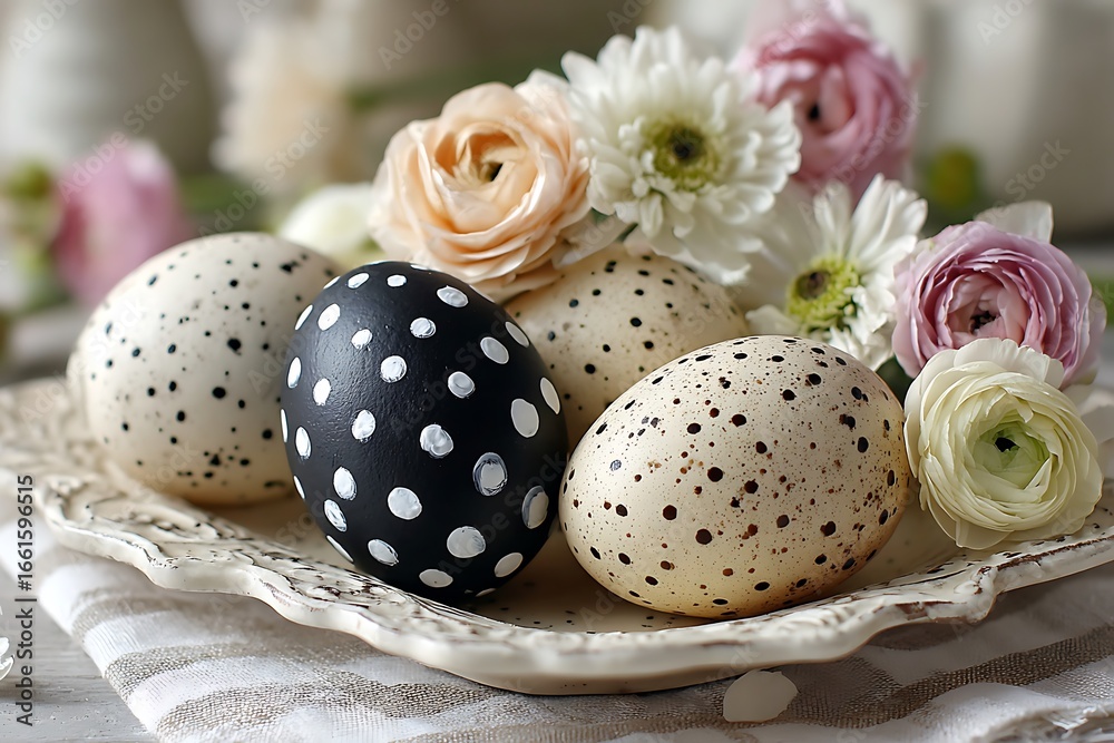 Obraz premium Polka dot eggs in black and white with pastel flowers 