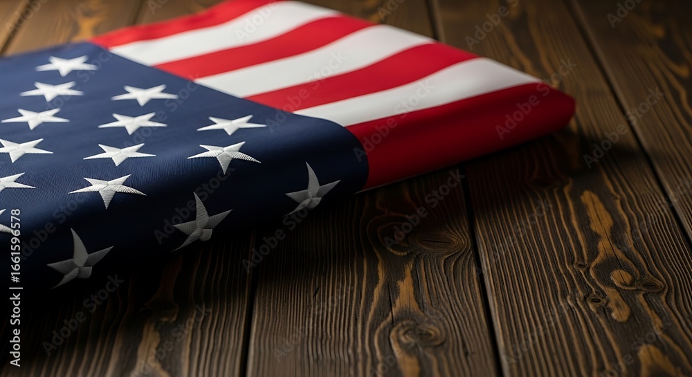 Fototapeta premium Folded American Flag on Dark Wood Background