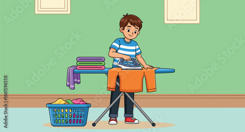 Young boy ironing clothes at home, doing household chores, laundry day, domestic work, cartoon illustration, clean shirt, green background.