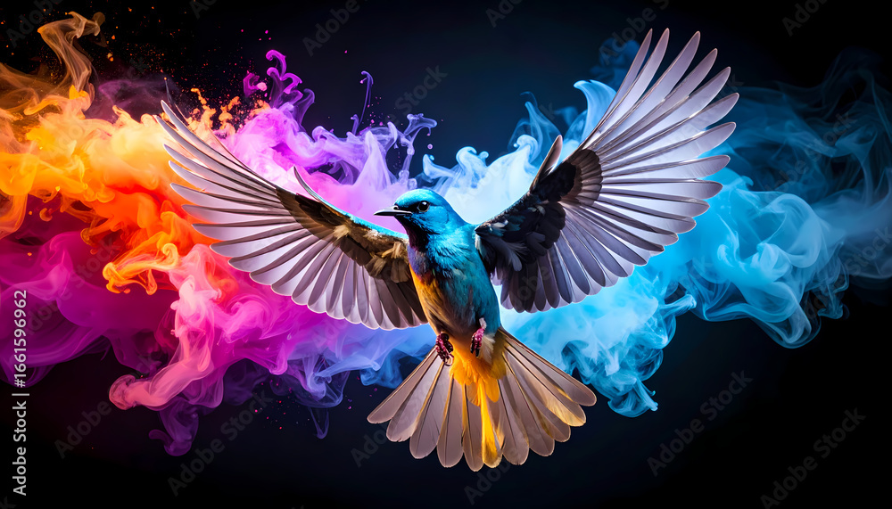 Fototapeta premium Vibrant blue bird soaring with open wings amid colorful cloud of abstract smoke. This creative fantasy image represents feelings of freedom, spiritual energy, and power