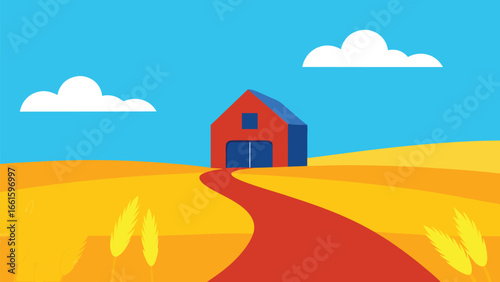 Serene farm landscape with red barn illustration vector art scalable eps graphic