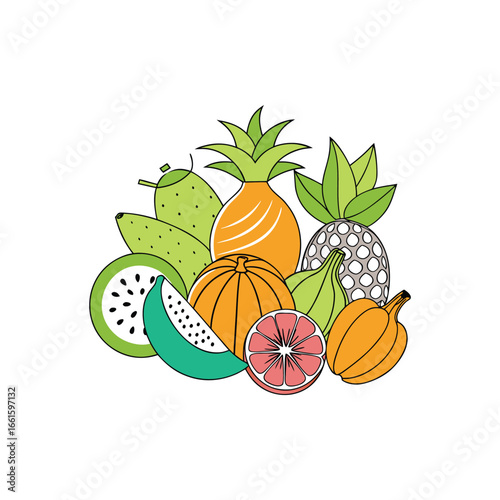Vibrant hand drawn tropical fruits and gourds arrangement on white background