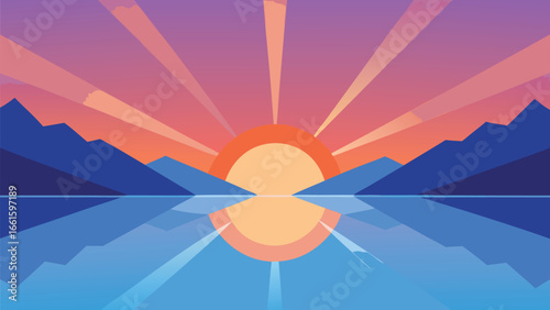 Serene lake sunrise illustration with subtle reflections vector art eps scalable