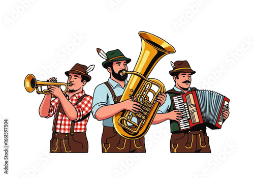 Traditional German Band Playing Instruments with Detailed Cartoon Illustration