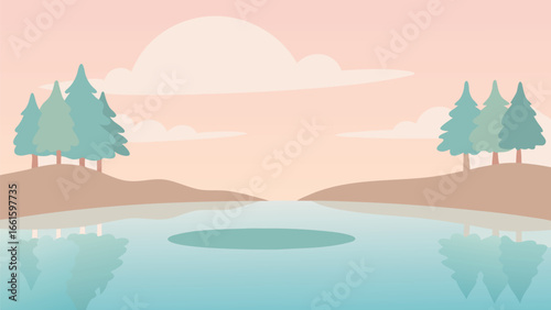 Serene pond landscape vector illustration with soft colors peaceful nature scene