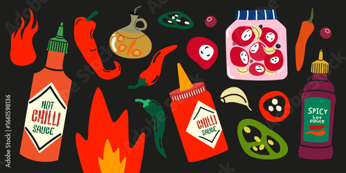 Spicy food set in retro cartoon style. Seasonings and chili peppers, stuffed red peppers, hot sauce, chili pepper oil, garlic. Hot spicy food funky doodle sticker collection