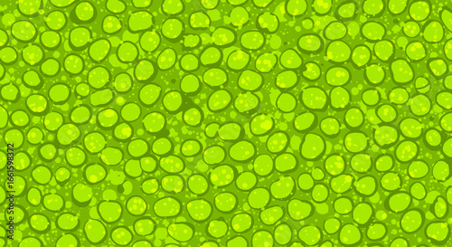 A vibrant green abstract pattern of rounded shapes with dark outlines and mottled interiors