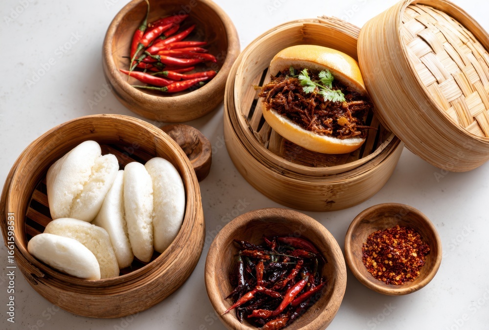 Fototapeta premium Assorted Asian spices and herbs in small wooden and ceramic containers on a neutral background