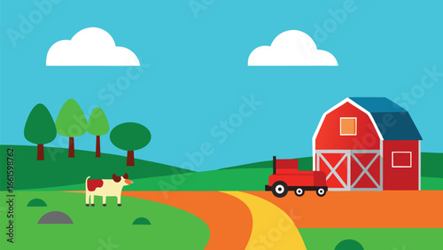 Vector illustration of a vibrant rural farm scene with cows grazing and red barn
