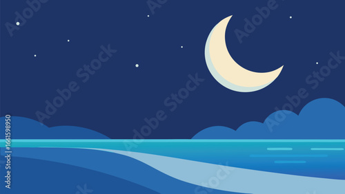 Serene moonlit beach scene with crescent moon and gentle waves vector illustration