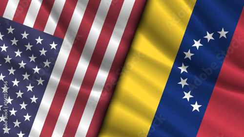 Vector wavy national flags of United States of America and Bolivarian Republic of Venezuela. Relations between countries. American and Venezuelan. Political economic banner