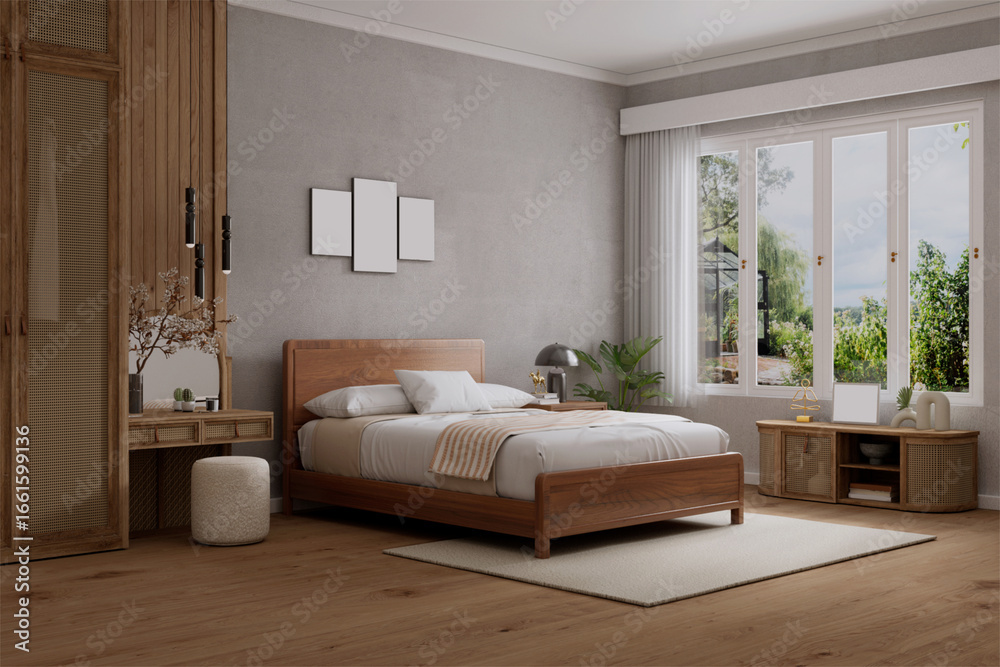 Fototapeta premium Modern Japanese Wooden Bedroom with Warm Natural Light and Minimal Decor