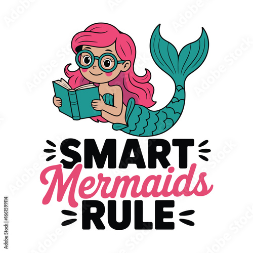 Cartoon of a mermaid with glasses reading a book with text below her t-shirt design