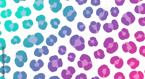 Leopard print pattern with a color gradient from teal to pink on a white background