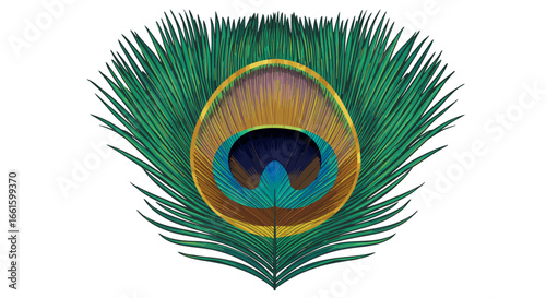 Peacock feather with a round eyelike pattern green plumage and gold ring
