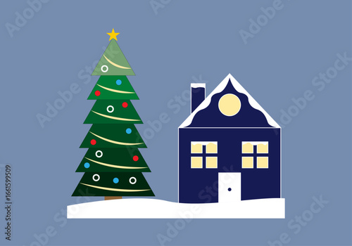 Casa nevada con árbol de navidad en fondo azul