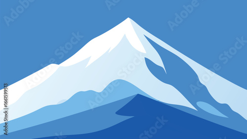 Vector illustration of a majestic snow-capped mountain peak against a vibrant clear blue sky