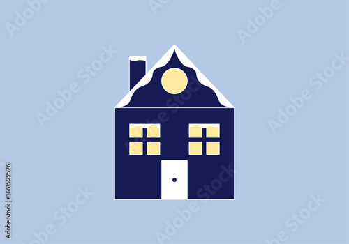 Casa nevada de invierno en fondo azul